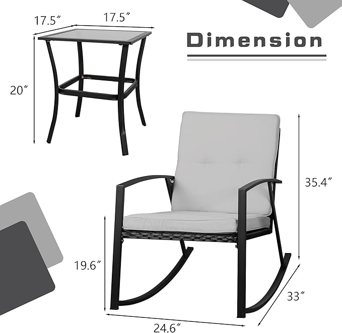Shintenchi Outdoor 3 Piece Rocking Bistro Set, Wicker Patio Outdoor Furniture Porch Chairs Conversation Sets with Glass-Top Coffee Table for Backyard Porch Poolside Lawn, Garden,Gray - LeafyLoom