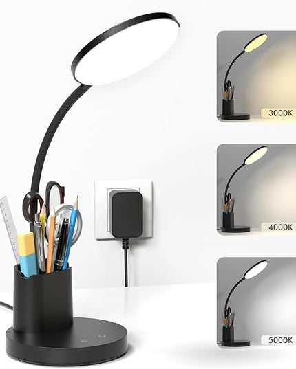comzler Small Desk Lamp, LED Desk Lamps with Pen Phone Holder, Black Desk Light for Home Office,8W 3 Modes Dimmable LED Desk Light for Kids, Desktop Study Lamps for Bedrooms - LeafyLoom