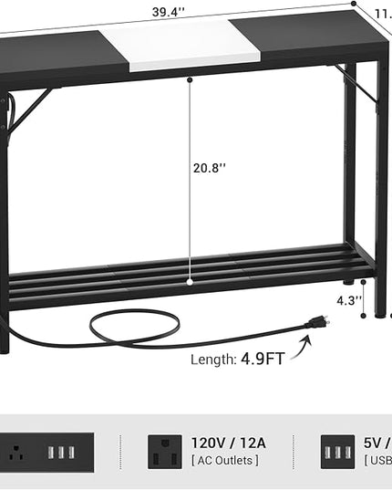 Narrow Console Table with Power Strips, Sofa Table with Storage Shelves for Living Room, 2-Tier Foyer Table for Entryway, Hallway, Behind Couch, Kitchen Counter, 39'', Black & White - LeafyLoom