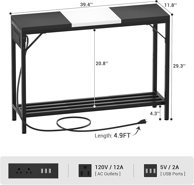 Narrow Console Table with Power Strips, Sofa Table with Storage Shelves for Living Room, 2-Tier Foyer Table for Entryway, Hallway, Behind Couch, Kitchen Counter, 39'', Black & White - LeafyLoom
