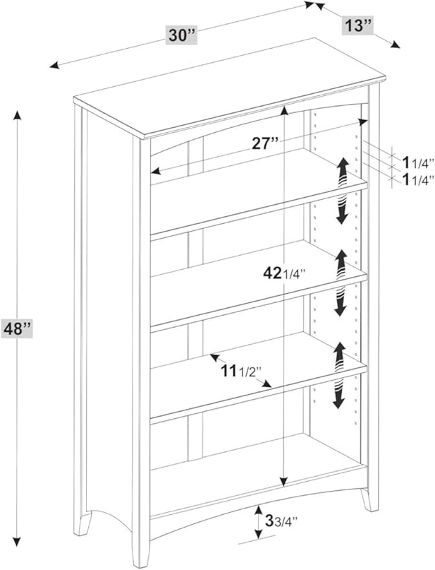 Camaflexi Shaker Style 4 Shelf Bookcase / Solid Wood / 48 inch High / Adjustable Shelving / Closed Back / Display Bookshelf for Living Room, Bedroom, Home and Office, White - LeafyLoom
