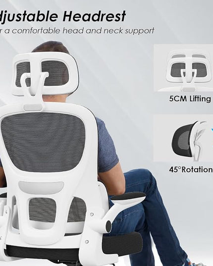 Soohow Ergonomic Home Office Chair, Mesh Desk Chair with Lumbar Support, Comfy Computer Desk Chair with Flip Armrest Rolling Wheels, Adjustable Headrest, White. - LeafyLoom