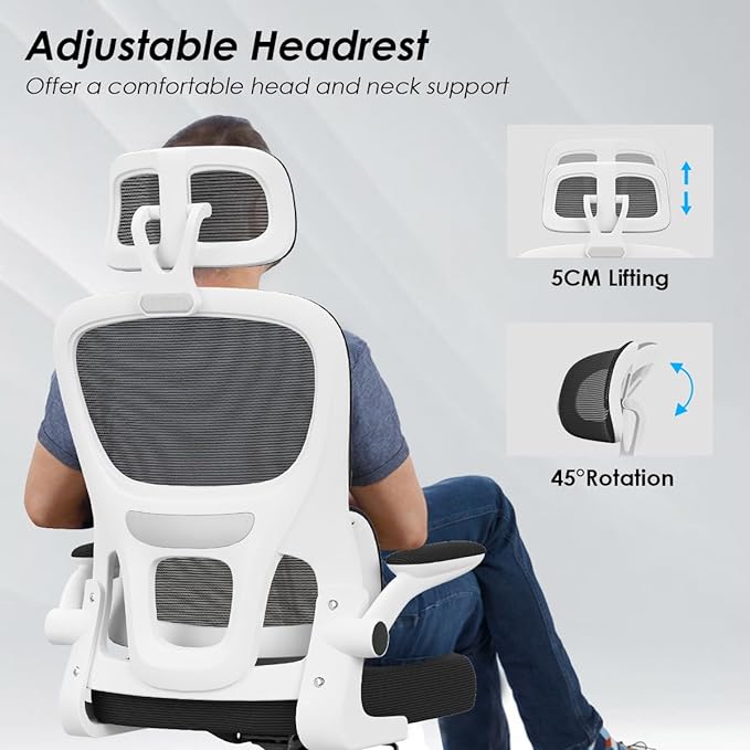 Soohow Ergonomic Home Office Chair, Mesh Desk Chair with Lumbar Support, Comfy Computer Desk Chair with Flip Armrest Rolling Wheels, Adjustable Headrest, White. - LeafyLoom