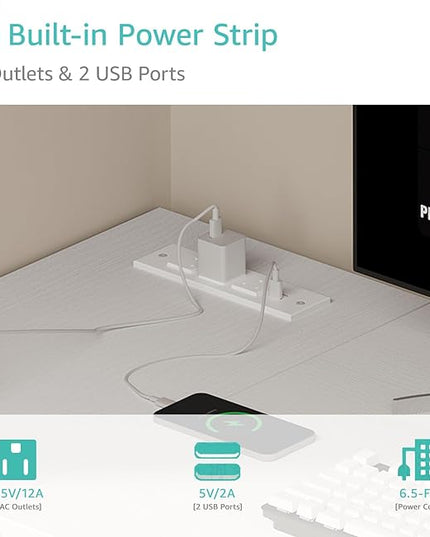 Lufeiya White L Shaped Computer Desk with Power Outlet Shelves, 47 Inch Corner Desk for Home Office Bedroom, L-Shaped Study Writing Working PC Desks, White - LeafyLoom