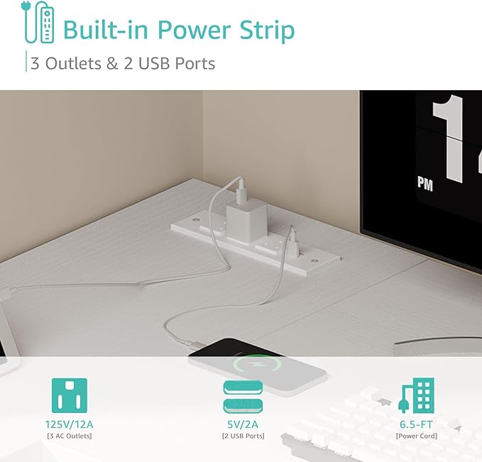 Lufeiya White L Shaped Computer Desk with Power Outlet Shelves, 47 Inch Corner Desk for Home Office Bedroom, L-Shaped Study Writing Working PC Desks, White - LeafyLoom