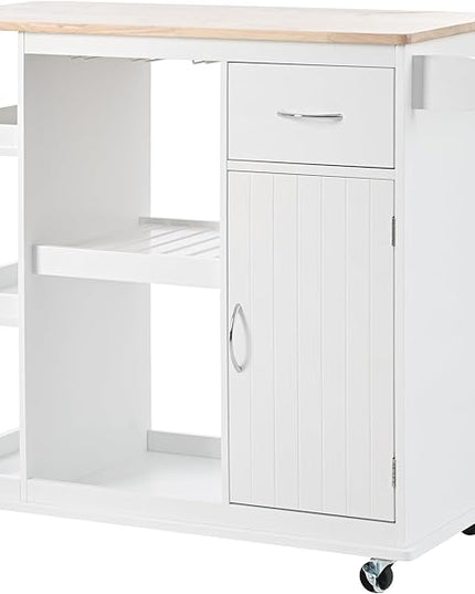 40Inch Kitchen Cart with Adjustable Cabinet Shelves, Rubber Wood Top, 5 Wheels, Mobile Storage Island w/Wine Rack,Spice Rack, for Dining Room, Home Bar - LeafyLoom