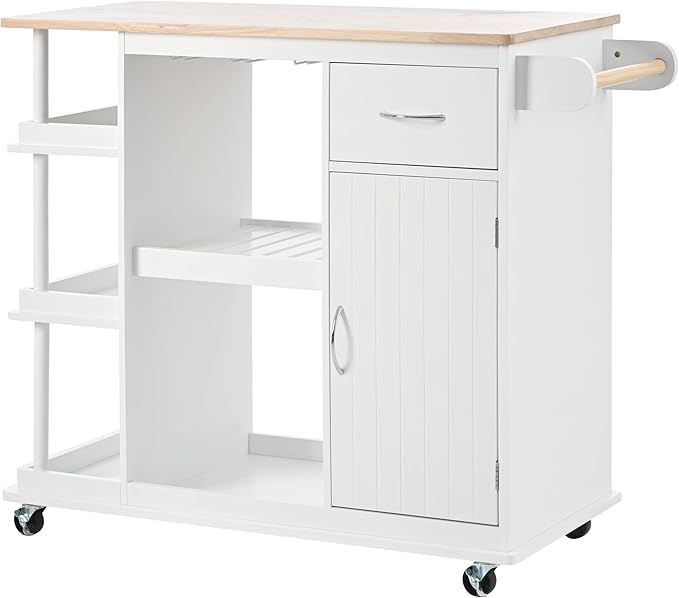 40Inch Kitchen Cart with Adjustable Cabinet Shelves, Rubber Wood Top, 5 Wheels, Mobile Storage Island w/Wine Rack,Spice Rack, for Dining Room, Home Bar - LeafyLoom