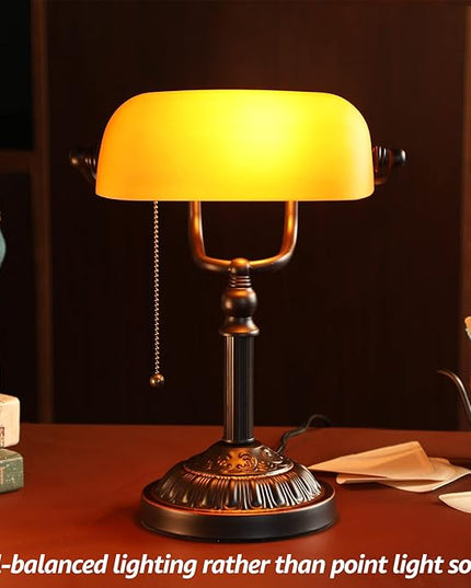 TORCHSTAR Bankers Desk Lamp with Pull Chain Switch, Amber Glass Shade Desk Lamps, Bronze Base, UL Listed, E26 Base, Vintage Library Lamp for Office, Study Room(Matted Orange) - LeafyLoom