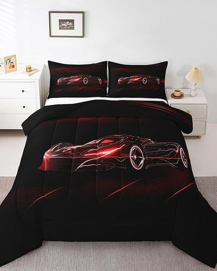 Feelyou Red Race Car Bedding Set Full Size for Kids Boys Extreme Sport Games Comforter Set Teens Toddler Fast and Furious Duvet Set Cool Modern Quilt Set 3Pcs - LeafyLoom