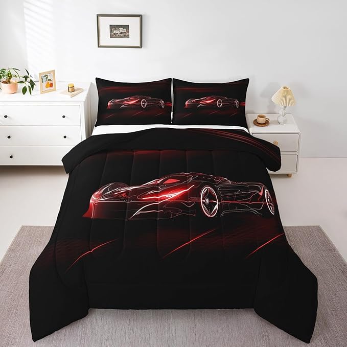 Feelyou Red Race Car Bedding Set Full Size for Kids Boys Extreme Sport Games Comforter Set Teens Toddler Fast and Furious Duvet Set Cool Modern Quilt Set 3Pcs - LeafyLoom