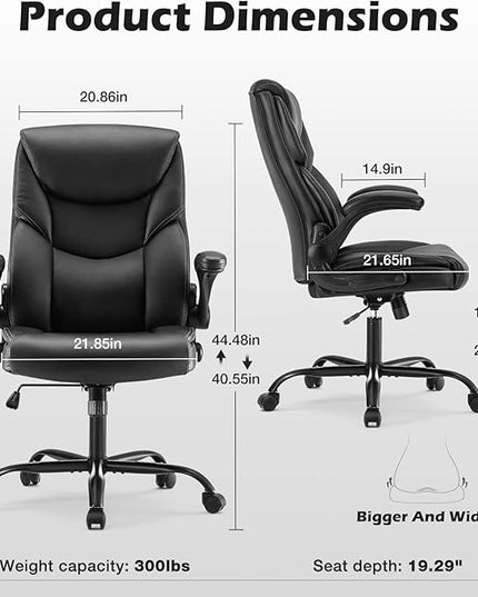 Office Chair - Ergonomic Executive Computer Desk Chairs with Adjustable Flip-up Armrest, Swivel Task Chair with Lumbar Support, Strong Metal Base, PU Leather, Black - LeafyLoom