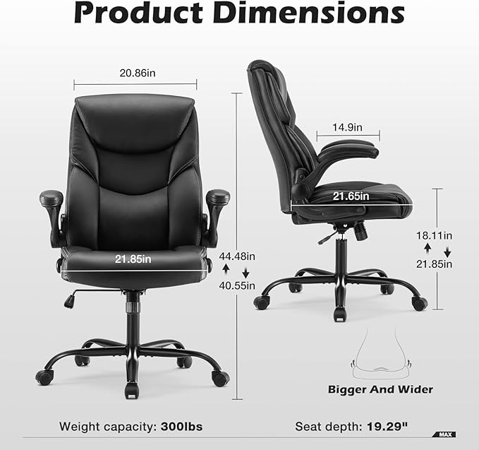 JHK Leather Office Chair with Flip Up Arms, Executive High Back Big and Tall Desk Chairs with Ergonomic Lumbar Support, Adjustable Height,Wheels, Soft Padded, Black - LeafyLoom