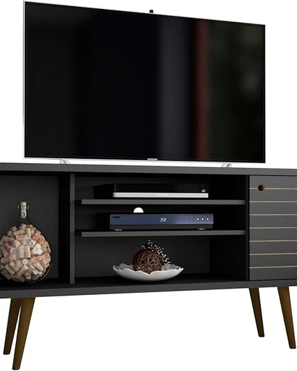 Manhattan Comfort Liberty Mid Century Modern TV Stand for Televisions up to 50 Inches, Bedroom and Living Room Entertainment Center with Storage, Shelves, and Cabinet, 53" Wide, Black - LeafyLoom