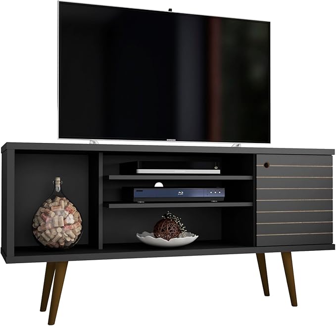 Manhattan Comfort Liberty Mid Century Modern TV Stand for Televisions up to 50 Inches, Bedroom and Living Room Entertainment Center with Storage, Shelves, and Cabinet, 53" Wide, Black - LeafyLoom