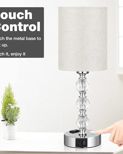 White Touch Bedside Lamps for Bedrooms - Crystal Table Lamp with USB C+A Charging Port and AC Outlet Nightstand, 3 Way Dimmable Silver Small End Side Table Lamp for Living/Guest/Dinning Room/Kitchen - LeafyLoom