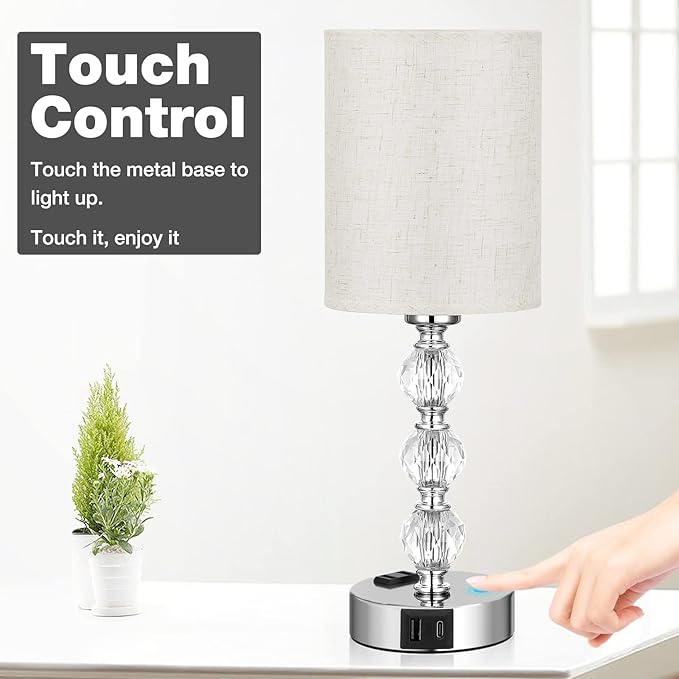 White Touch Bedside Lamps for Bedrooms - Crystal Table Lamp with USB C+A Charging Port and AC Outlet Nightstand, 3 Way Dimmable Silver Small End Side Table Lamp for Living/Guest/Dinning Room/Kitchen - LeafyLoom