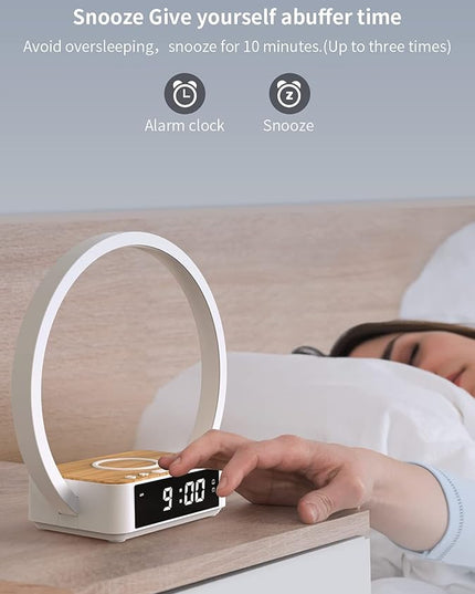 Amouhom Table Lamp, 18W Touch Lamp Alarm Clock with Wireless Charging Wake-Up Light, Digital Sonic 10W Max Qi Charger Nightstand Reading Lamps for Bedside, Reading, Home, Office - LeafyLoom