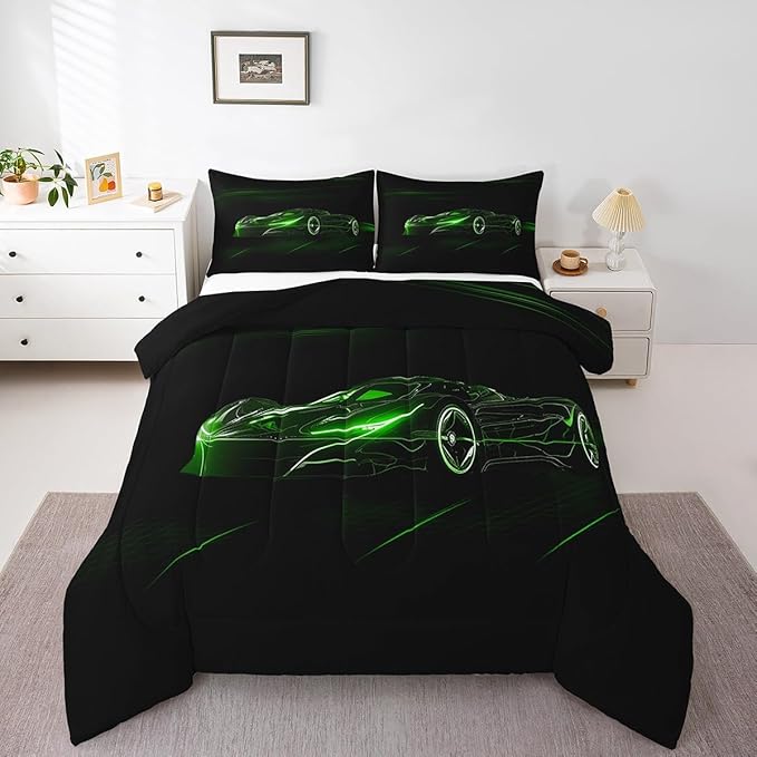 Feelyou Green Race Car Bedding Set King Size for Kids Boys Extreme Sport Games Comforter Set Teens Toddler Fast and Furious Duvet Set Cool Modern Quilt Set 3Pcs - LeafyLoom