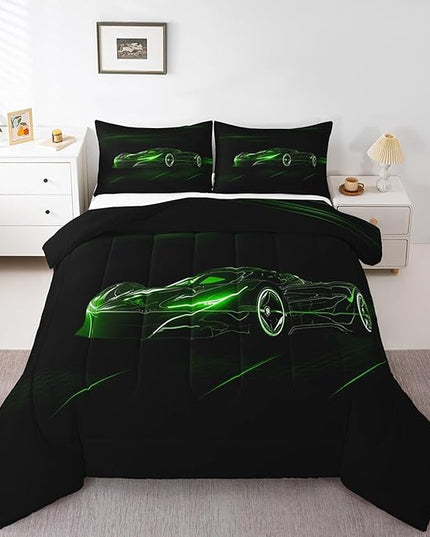 Feelyou Green Race Car Bedding Set Queen Size for Kids Boys Extreme Sport Games Comforter Set Teens Toddler Fast and Furious Duvet Set Cool Modern Quilt Set 3Pcs - LeafyLoom