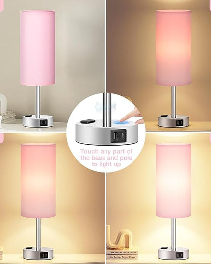 Pink Lamp for Bedroom Nightstand - 3 Way Dimmable Touch Table Lamp USB C Charging Ports, Small Lamp with AC Outlet for Desk Girls Room, LED Bulb Included - LeafyLoom