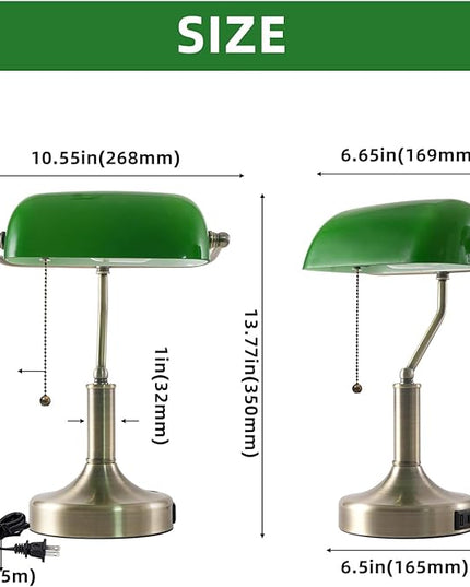 Banker Desk Lamp Green Glass, Antique Desk Lamps with Brass Base, Traditional Library Table Lamp with USB A and Type C Charging Port for Office, Study Room, Pull Chain Switch - LeafyLoom