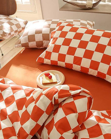Orange White Grid Comforter Set Full Burnt Orange Plaid Bedding Set Girls Reddish and White Checkered Bed Comforter Set Breathable Blanket Set Kids Durable Bedding Comforter Set - LeafyLoom