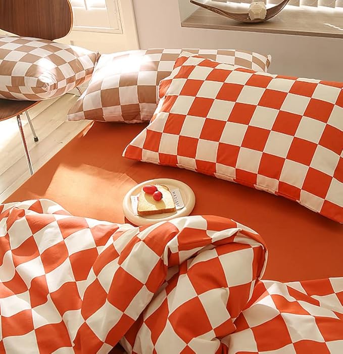 Orange White Grid Comforter Set Full Burnt Orange Plaid Bedding Set Girls Reddish and White Checkered Bed Comforter Set Breathable Blanket Set Kids Durable Bedding Comforter Set - LeafyLoom