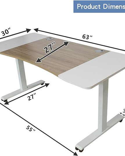 Dual Motor Electric Standing Desk - 63 x 30 Inch Adjustable Height Sit Stand Computer Desk with Splice Board, Stand Up Desk Table for Home Office, White Frame/Oak and White Top(with Radian) - LeafyLoom