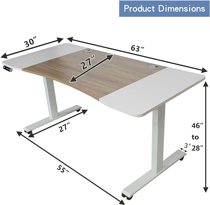 Dual Motor Electric Standing Desk - 63 x 30 Inch Adjustable Height Sit Stand Computer Desk with Splice Board, Stand Up Desk Table for Home Office, White Frame/Oak and White Top(with Radian) - LeafyLoom