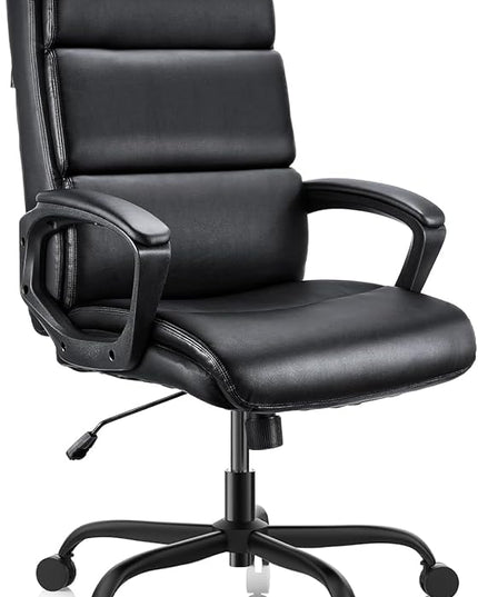 Leather Office Chair, Bonded Leather Executive Computer Chair, High Back Desk Chair with Padded Armrest, Thickened Cushion, Swivel Chair for Home, Meeting, Conference - Black - LeafyLoom