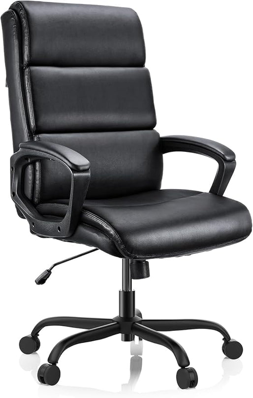 Leather Office Chair, Bonded Leather Executive Computer Chair, High Back Desk Chair with Padded Armrest, Thickened Cushion, Swivel Chair for Home, Meeting, Conference - Black - LeafyLoom