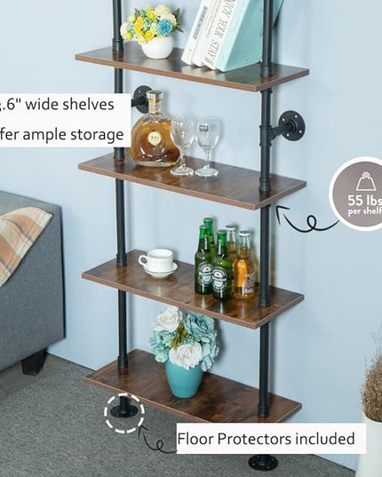 5 Shelf Industrial Pipe Shelving, Black Modern Bookcase Bookshelf, Wall Mount Ladder Shelf with Metal Frame Display Selves - LeafyLoom
