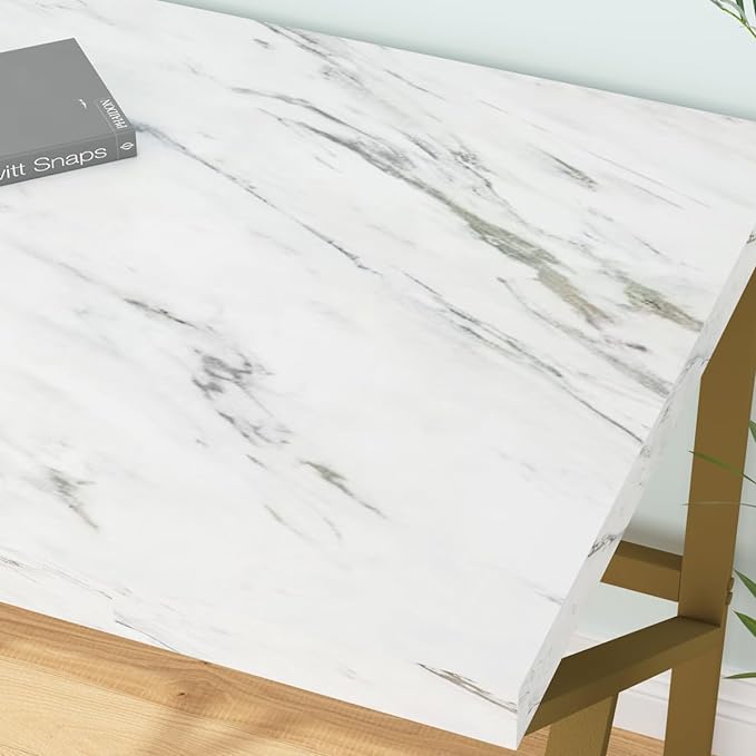 HSH White Faux Marble and Gold Desk, Modern Home Office Executive PC Laptop Computer Desk, Farmhouse Writing Study Work Gaming Table for Bedroom Living Room, Simple Metal Wood Workstation, 55 Inch - LeafyLoom