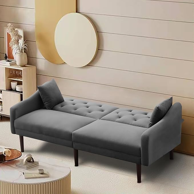 Mid-Century Modern Tufted Loveseat Sofa Living Room Furniture Sets with Adjusting Backrest & 2 Pillows Small Comfy Couch for Bedroom Apartment, Home Office Sofá, Gray-4 - LeafyLoom