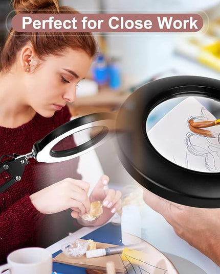 Veemagni 8X Magnifying Glass with Light, 5 Color Modes Stepless Dimmable, Adjustable Swing Arm LED Lighted Desk Lamp with Clamp, Hands Free Magnifier with Light and Stand for Craft Hobby Close Works - LeafyLoom