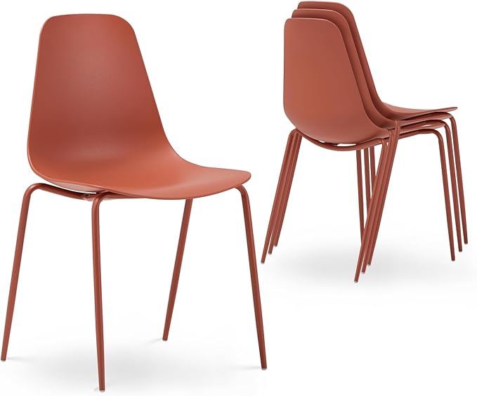 COLAMY Stackable Dining Chairs Set of 4, Indoor Outdoor Dining Room Side Chairs with Metal Legs, Modern Plastic Patio Chairs for Home/Kitchen/Office/Resturant/Bistro/Cafe, Orange - LeafyLoom