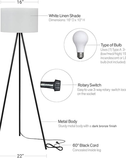 Catalina Lighting 19973-000 Mid-Century Modern Tripod Floor Lamp, Standing Lamp, Living Room Floor Light, LED Bulb NOT Included, 61.25", Black - LeafyLoom