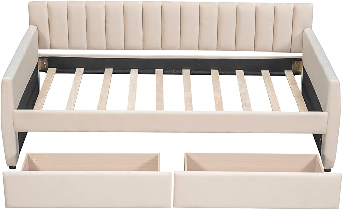 Velvet Upholstered Twin Daybed with Two Storage Drawers, Solid Wooden Bed Frame w/Vertical Stripes Designed Backrest and Pine Legs, Space-Saving Design - LeafyLoom