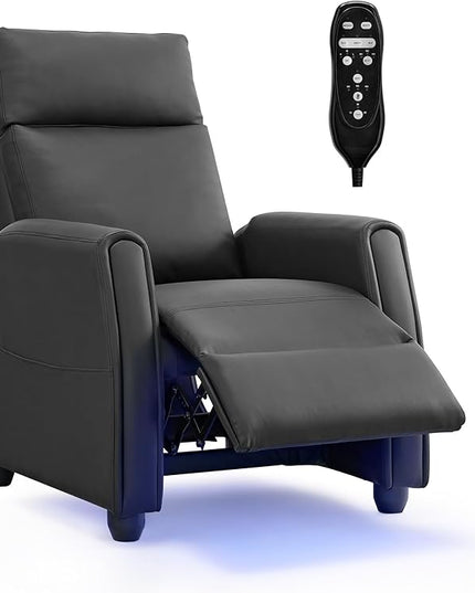 Recliner Chair for Adults PU Leather Push Back Armchair with 4 Colors Ambient Lighting Home Theater Seating with Massage & Heat Vibration Single Sofa for Living Room, Black - LeafyLoom
