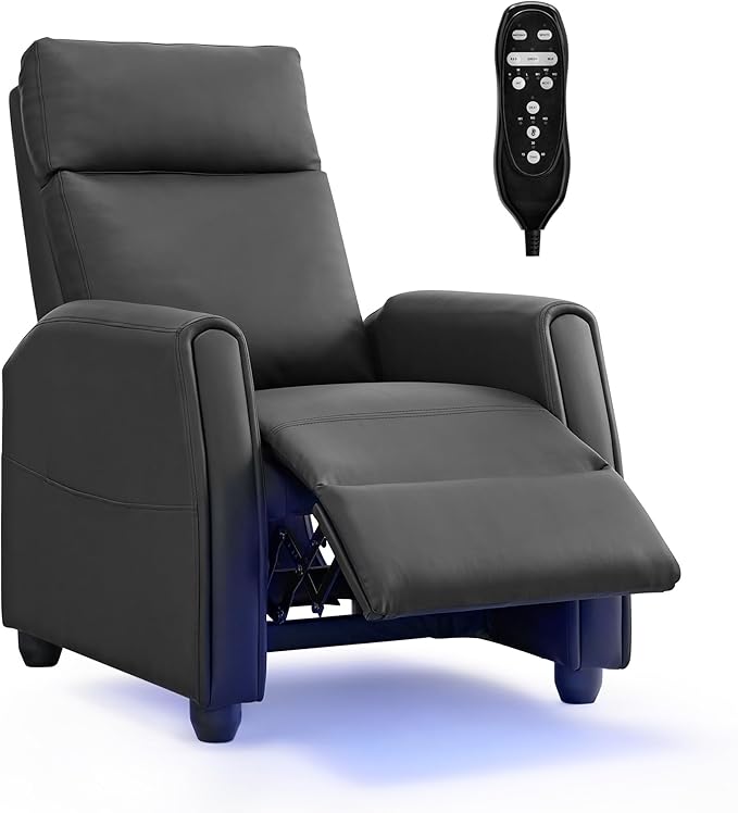 Recliner Chair for Adults PU Leather Push Back Armchair with 4 Colors Ambient Lighting Home Theater Seating with Massage & Heat Vibration Single Sofa for Living Room, Black - LeafyLoom