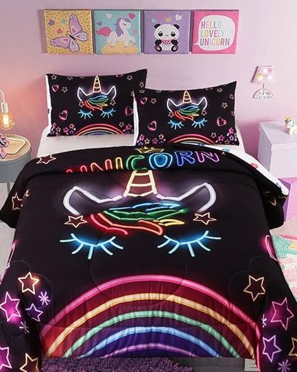 Cute Unicorn Comforter Sets Rainbow Soft Girls Comforter Sets 3pc Pink Flower Girl Unicorn Bedding Sets - LeafyLoom