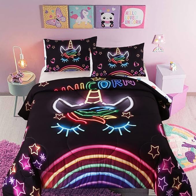 Cute Unicorn Comforter Sets Rainbow Soft Girls Comforter Sets 3pc Pink Flower Girl Unicorn Bedding Sets - LeafyLoom