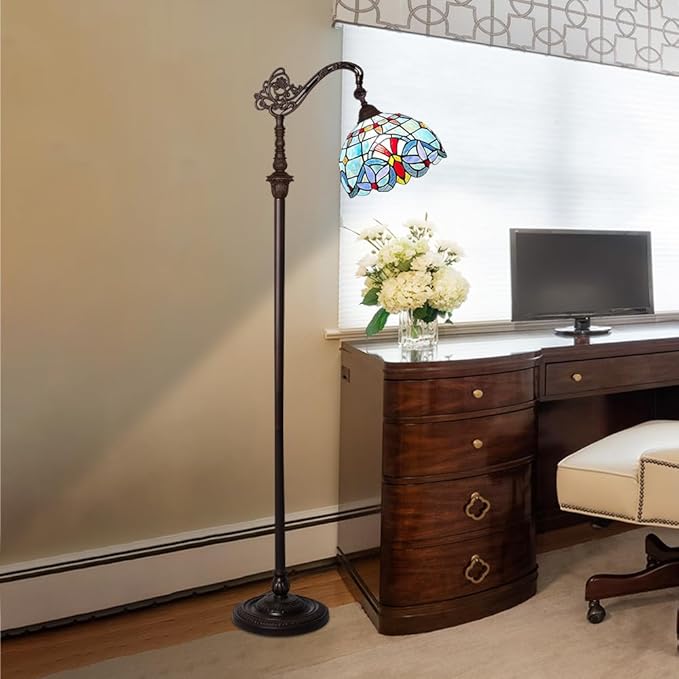 Capulina Tiffany Floor Lamp 62 Inches Height Antique Victorian Style Stained Glass Soft Light Arched Gooseneck Adjustable Angle Reading Lamp for Living Room Bedroom Home Office - LeafyLoom