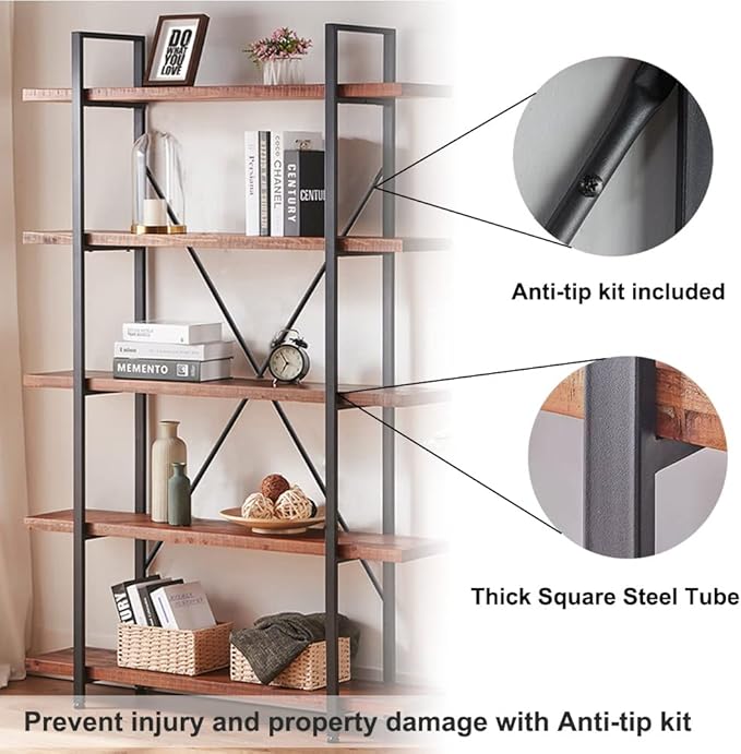 HSH Natural Real Wood Bookcase, 5 Tier Industrial Rustic Vintage Etagere Bookshelf, Open Metal Farmhouse Solid Wooden Book Shelf, Distressed Brown - LeafyLoom