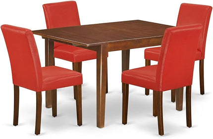 East West Furniture NOAB5-MAH-72 5 Piece Dining Room Table Set Includes a Rectangle Kitchen Table with Butterfly Leaf and 4 Firebrick Red Faux Leather Parson Chairs, 32x54 Inch, Mahogany - LeafyLoom