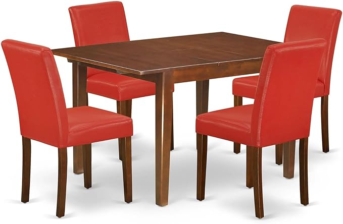 East West Furniture NOAB5-MAH-72 5 Piece Dining Room Table Set Includes a Rectangle Kitchen Table with Butterfly Leaf and 4 Firebrick Red Faux Leather Parson Chairs, 32x54 Inch, Mahogany - LeafyLoom