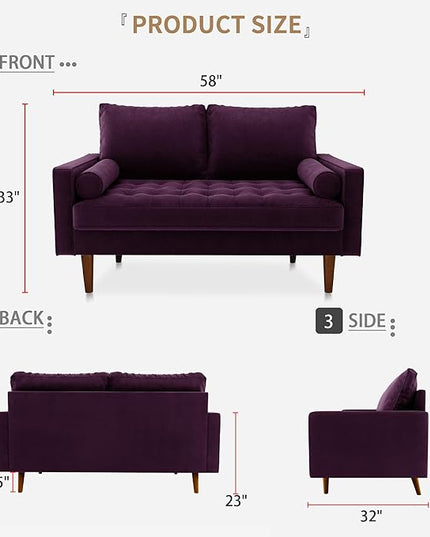 Velvet Furniture for Small Spaces, Mid-Century Modern Loveseats for Living Room, Love Seat Couch Sofas, 58 Inches, Eggplant - LeafyLoom