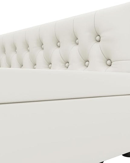 Full Size Daybed, Upholstered Tufted Sofa Bed with Trundle, Daybed with Button & Copper Nail on Square Arms, Full Daybed with Twin Trundle, White - LeafyLoom