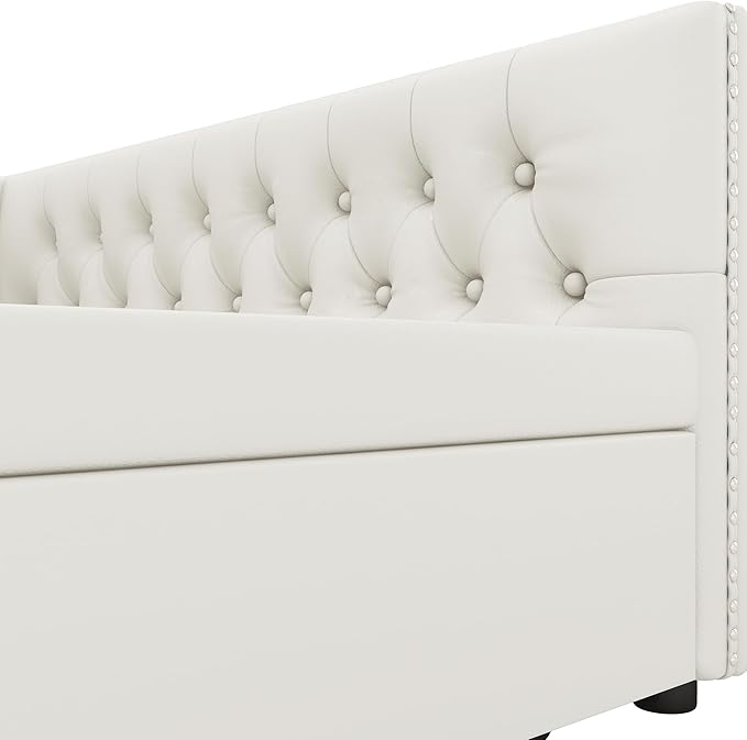 Full Size Daybed, Upholstered Tufted Sofa Bed with Trundle, Daybed with Button & Copper Nail on Square Arms, Full Daybed with Twin Trundle, White - LeafyLoom