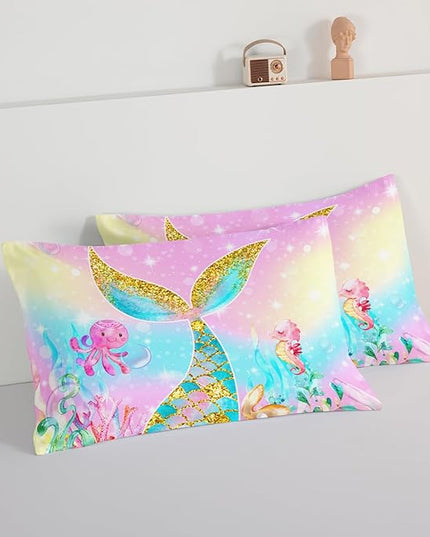 HOSIMA Mermaid Comforter with 2 Pillowcases,Girly Rainbow Bedding Set Mermaid Tail Comforter,Glitter Gold Fish Scales King Size Comforter Set,Cute Sea Animal Octopus Seahorse Comforter. - LeafyLoom